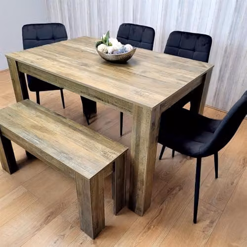 KOSY KOALA Modern Dining Set for 6 with Oak Effect Table, 4 Black Velvet Chairs and Wooden Bench, Brown and Black – 3