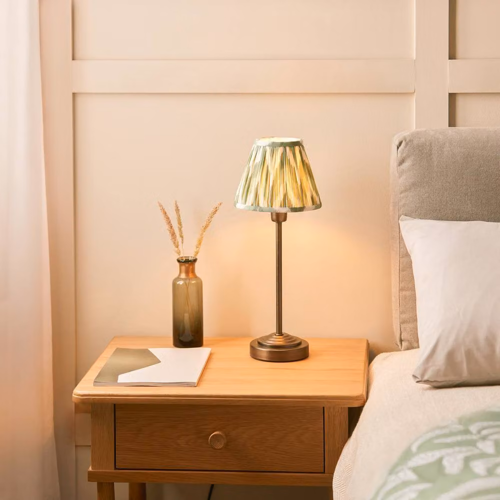Netlighting Rise Bronze Plate Table Lamp with Green Fabric Shade and E14 Base – 2