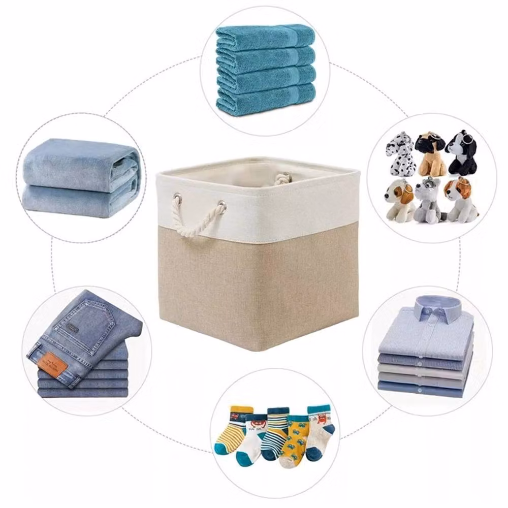 Kelvenix Set of 4 Beige Foldable Fabric and Metal Storage Box Baskets, W: 50 cm, D: 50 cm, H: 50 cm – 2