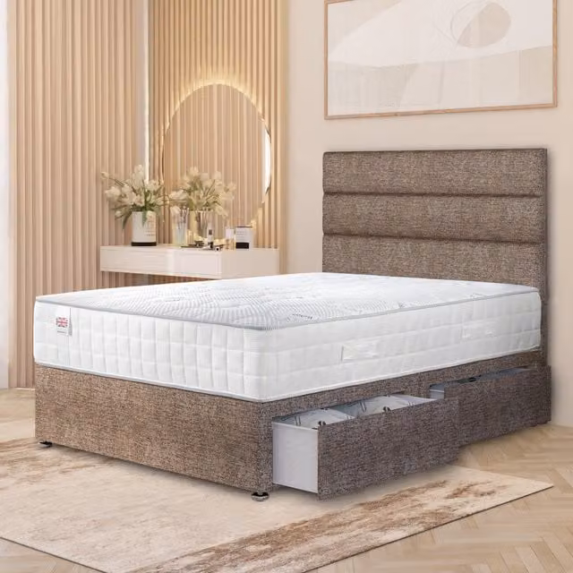 Horizona Super King Tweed Divan Bed Set with Pocket Spring Hybrid Mattress, Floor Standing Headboard and Drawers, Brown, W/D/H: 180 x 200 cm