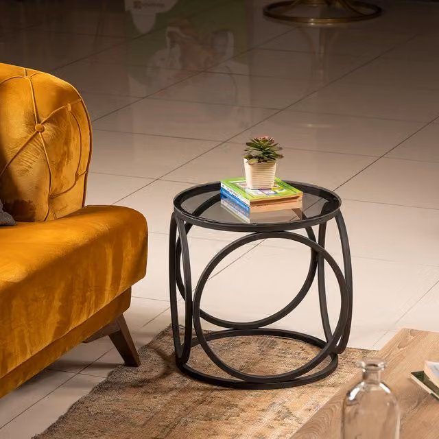 Decorotika Mimo Modern Black Side End Table with Glass and Metal Design