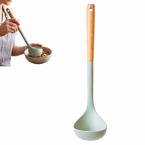Premier Housewares Sage Green Silicone Head Ladle with Round Wood Handle, Heat-Resistant and Non-Scratch Kitchen Serving Spoon with Hanging Loop