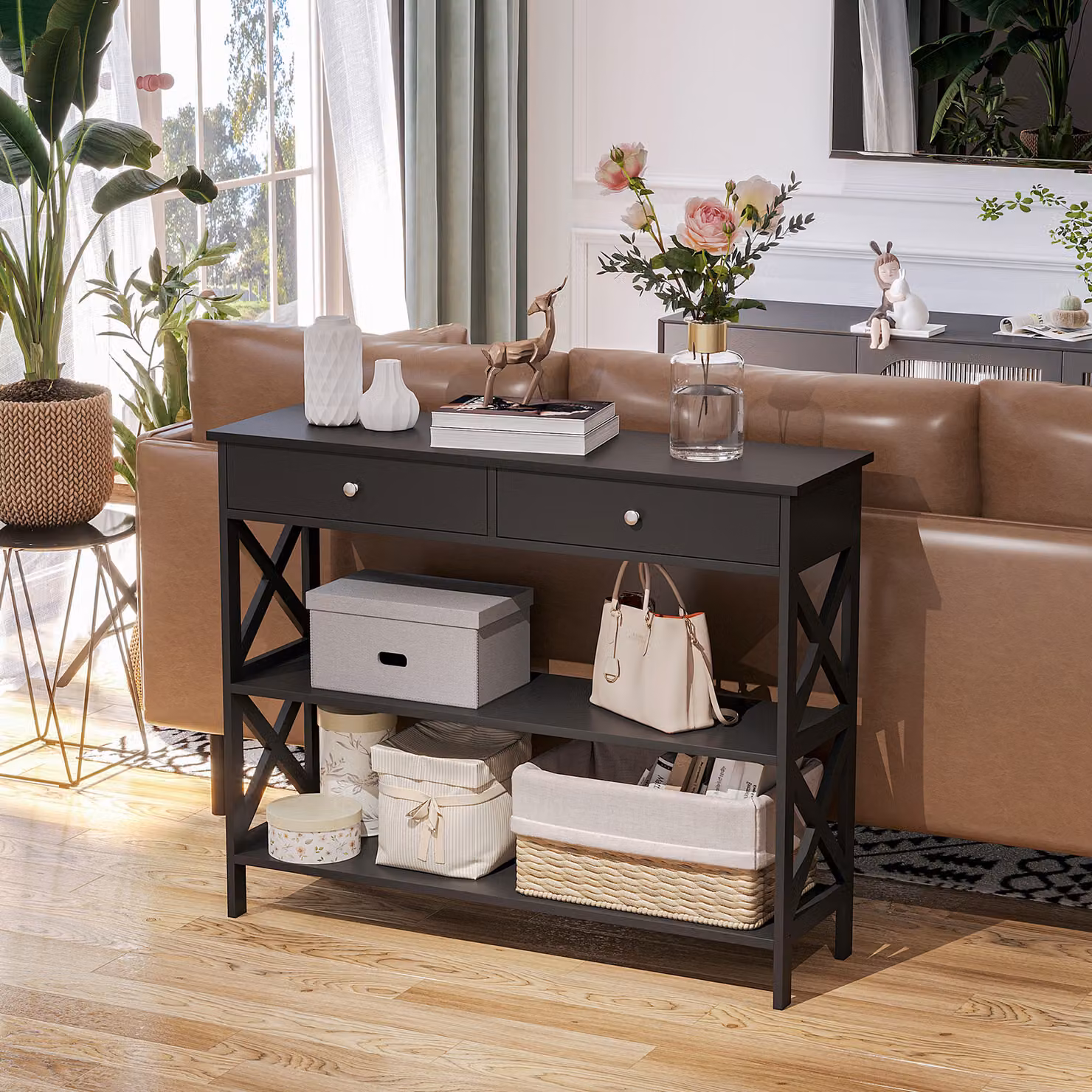 HOMCOM Black Console Table with Shelves, Drawers and X-Frame Support for Living Room, Hallway or Home Office – 6
