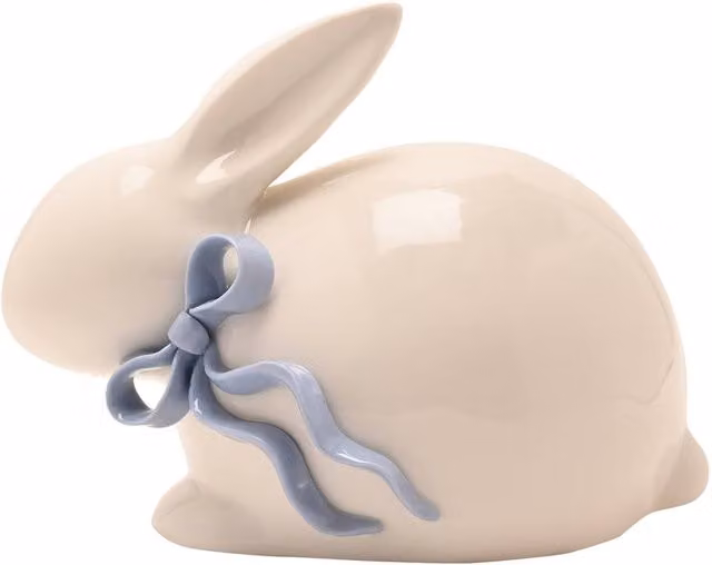 Eggstraordinary Gift Co. White Ceramic Bunny Ornament with Blue Bow
