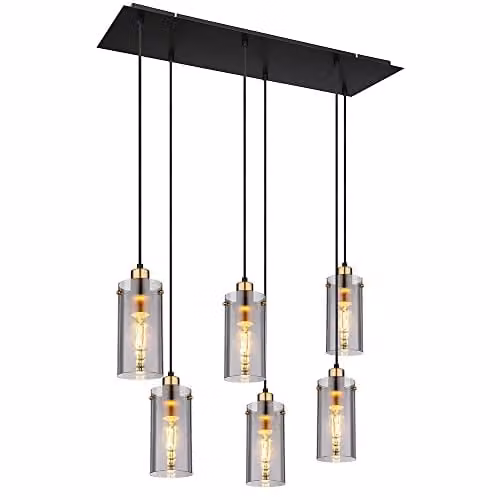 Globo Lighting Cylinder Pendant Light in Black and Gold/Brass with Smoke Grey Glass, 6 x E27 Sockets, W/D/H: 24 x 24 x 120 cm – 1