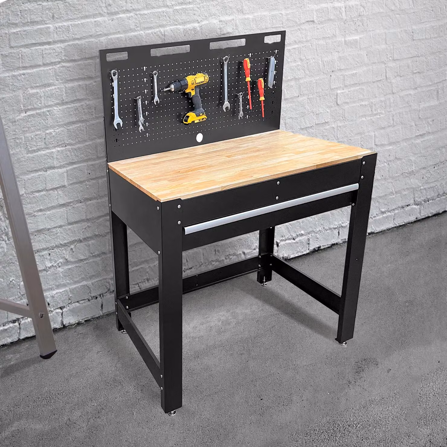 Phoenix Safe Company TW4501B Tool Workbench with Rubberwood Work Surface and Pegboard in Black, W: 100 cm x D: 114 cm x H: 100 cm – 6