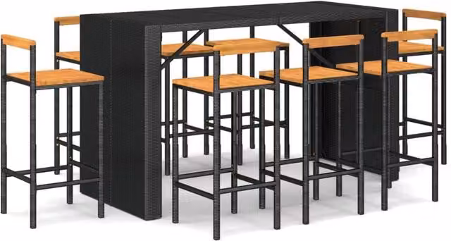 Berkfield Home 9 Piece Garden Bar Set in Black Poly Rattan and Solid Acacia Wood – 1