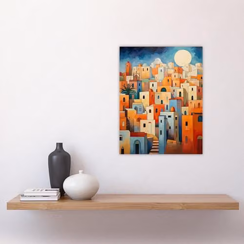 Artery8 Abstract Morocco Cityscape Unframed Wall Art Paper Poster in Orange and Blue – 4