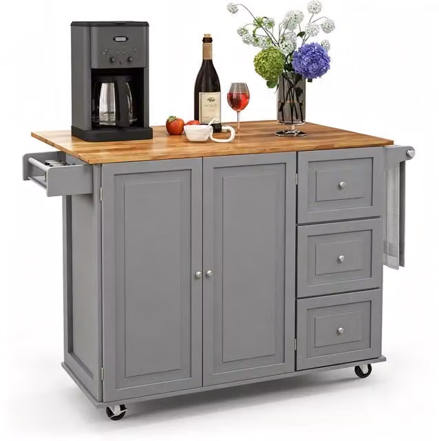 Costway Modern Grey Rubberwood Rolling Kitchen Island with Drop Leaf and Castors