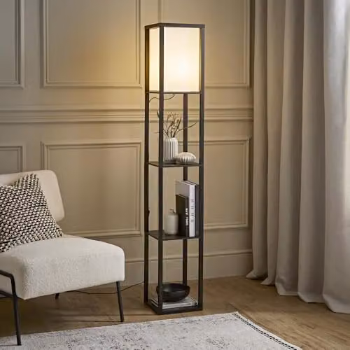 ValueLights MiniSun Black Wooden Floor Lamp with Fabric Shade and LED Bulb – 2