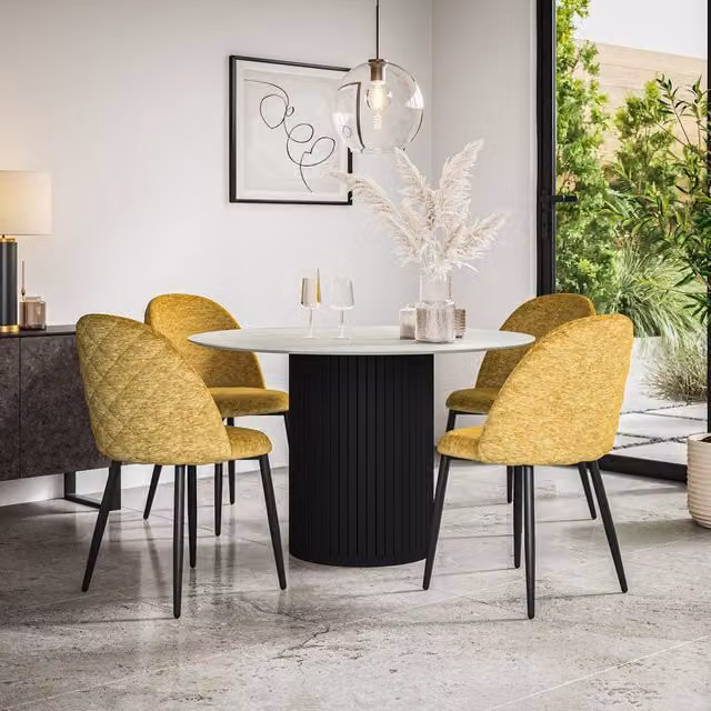 More4Homes Arlo White Marble Top Dining Table with Black Legs and 4 Raye Mustard Velvet Dining Chairs Set, W/D/H: 120 x 120 x 75 cm – 1