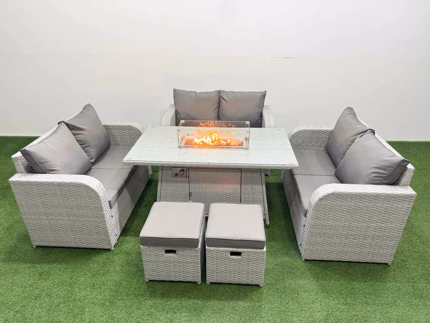 Fimous 8 Seater PE Wicker Rattan Garden Furniture Set in Light Grey with Firepit Dining Table, 2 Seater Love Sofa and 2 Stools