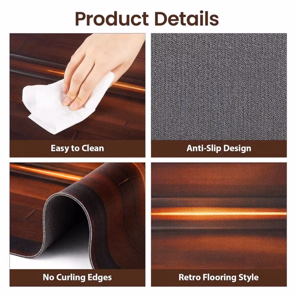 FLAVORA Non-Slip Cushioned Round Floor Mat in Brown Wood Grain, Diameter: 100 cm – 3