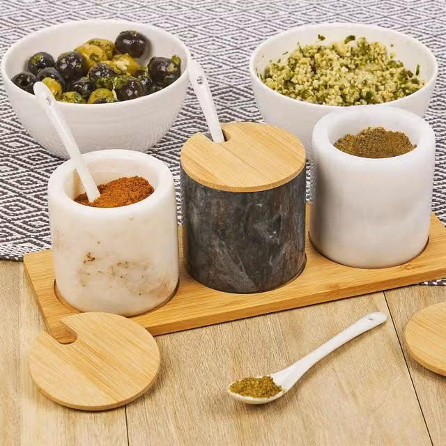 Homiu 3 Pack Geometric Marble Spice Jar Set with Bamboo Lids and Ceramic Spoons in Black and White