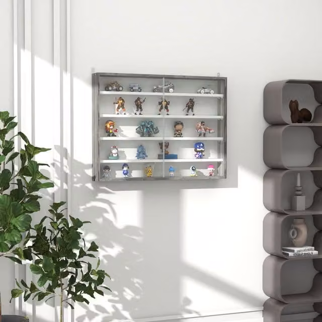 HOMCOM Grey Wall Mounted Display Shelf Cabinet with Glass Doors and Internal Shelves