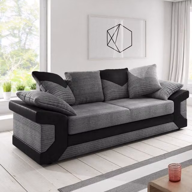 SquareBoxx Arlo 3 Seater Corded Fabric Sofa with Leather-Effect Arms in Grey