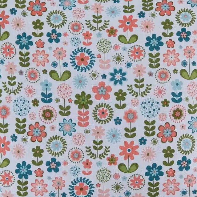 Homescapes Pure Cotton Retro Flower Fabric, Multi Colour and Green, Width: 150 cm