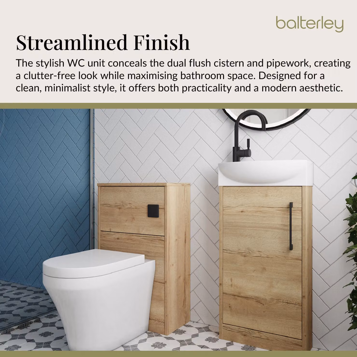 Balterley Right Hand Cloakroom Suite with Vanity, WC, Toilet and Tap Set in Oak and Brown with Black Details, Width: 44 cm – 3