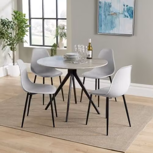 Core Products Aspen 5-Piece Dining Set with Round Grey-Oak Effect Table and 4 Grey Ergonomic Curve Plastic Chairs with Black Metal Legs – 1
