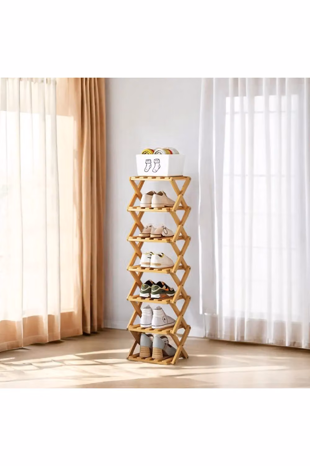 Living and Home 7-Tier Bamboo Folding Shoe Rack in Natural Brown – 2