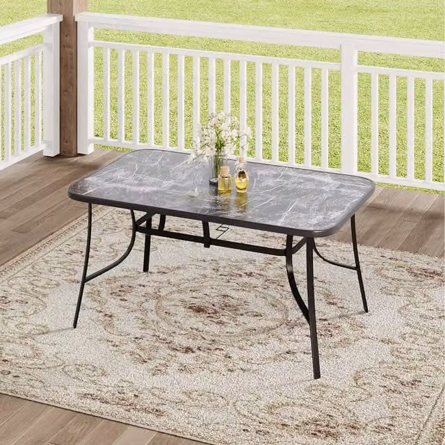 Komore Minimalist Outdoor Tempered Glass Table with Black and Grey Abstract Marble Effect Surface