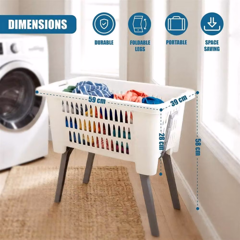 PAWNORA Collapsible White Plastic Laundry Basket with Foldable Legs – 2