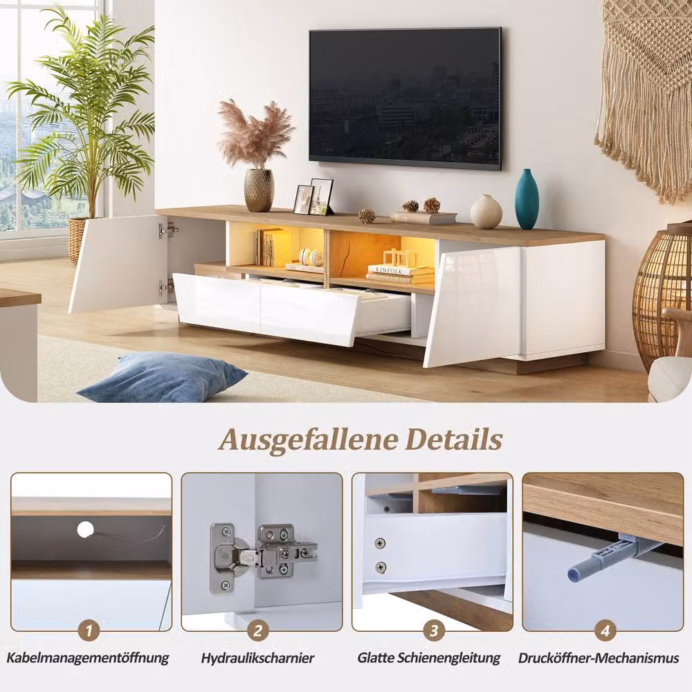 BTM Modern Glossy Oak White Wood LED TV Stand with Storage Drawers and Cabinets, W/D/H: 180 x 40 x 43 cm – 3