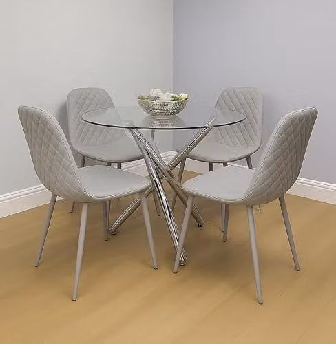 KOSY KOALA Modern Round Transparent Glass Dining Table and 4 Grey Chairs Dining Set
