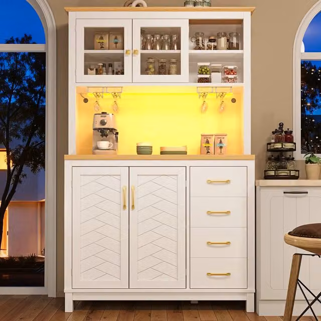 ModernLuxe White Matt Kitchen Tall Cupboard with 4 Hinged Doors, Integrated LED Lighting and Glass Holders, H 180 cm x W 40 cm x D 105.5 cm – 1