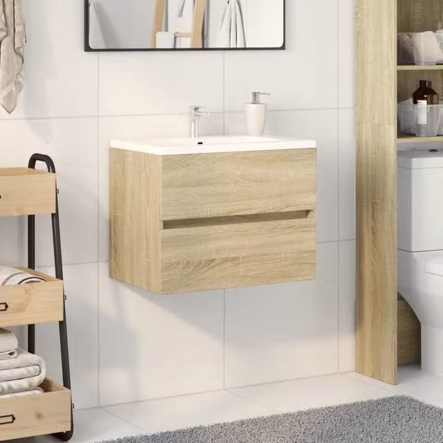 Berkfield Home Sonoma Oak Wall Mounted Bathroom Sink Cabinet, Brown, W/D/H: 60 x 38.5 x 45 cm