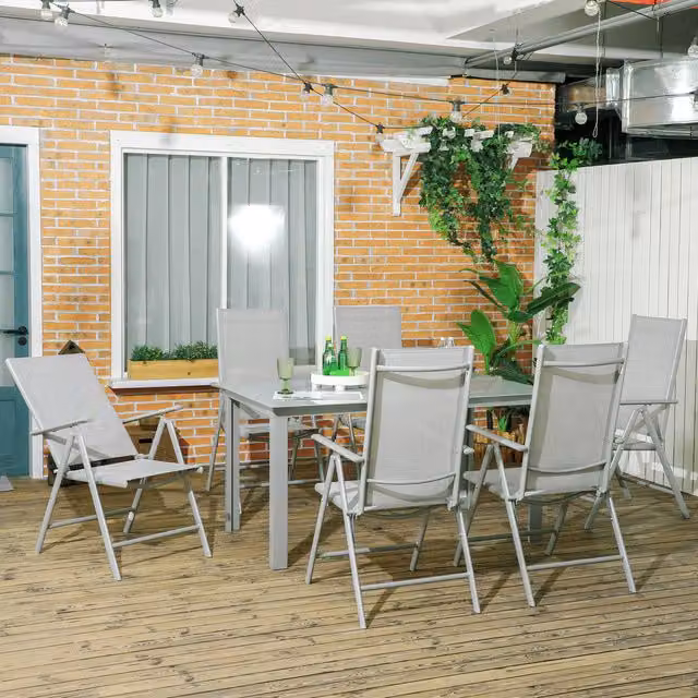 Outsunny 7 Piece Grey Powder Coated Aluminium Garden Dining Set with Rectangular Table and 6 Folding Chairs