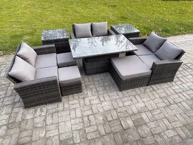 Fimous Wicker PE Rattan Garden Furniture Set with Height Adjustable Rising Lifting Table and Double Seat Sofa in Dark Grey