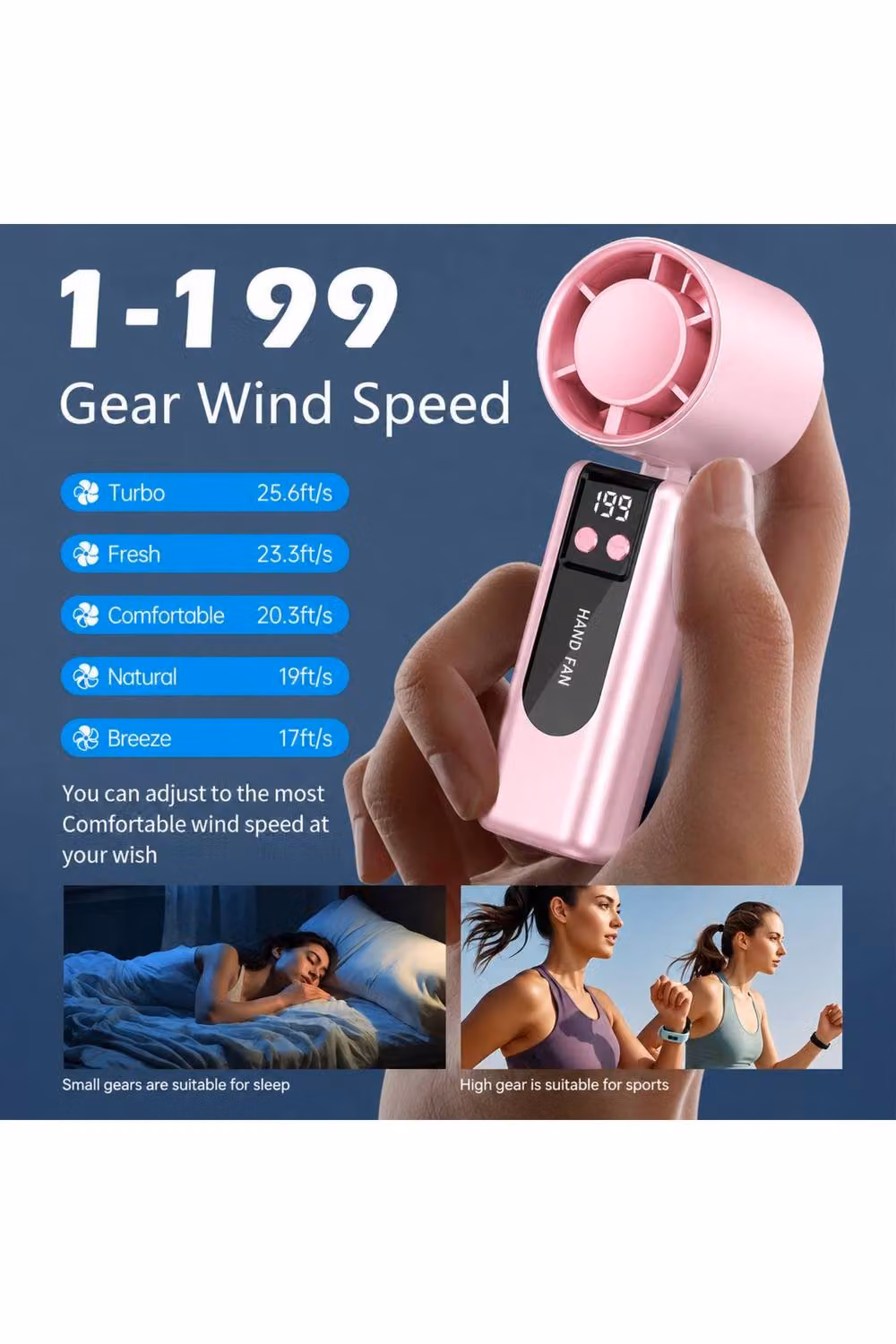 Dyzi Portable Handheld Cooling Fan with 2000mAh Battery and USB-C Charging, Pink – 2