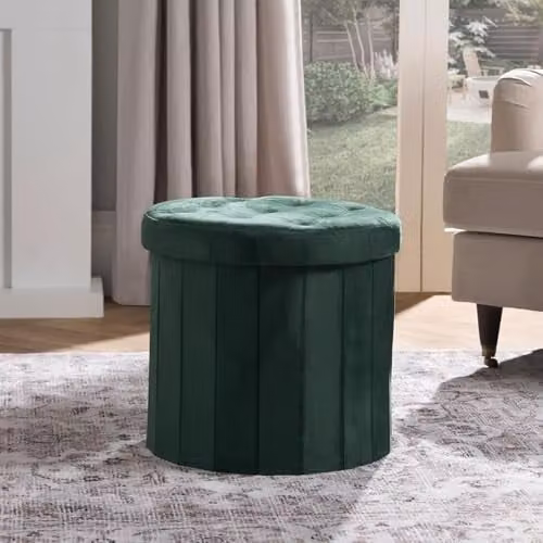 OHS Round Matte Velvet Upholstered Storage Ottoman in Green – 1