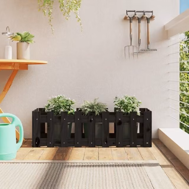 Berkfield Home Garden Raised Bed with Fence Design in Black, Solid Wood Pine, W/D/H: 100 x 30 x 30 cm – 1