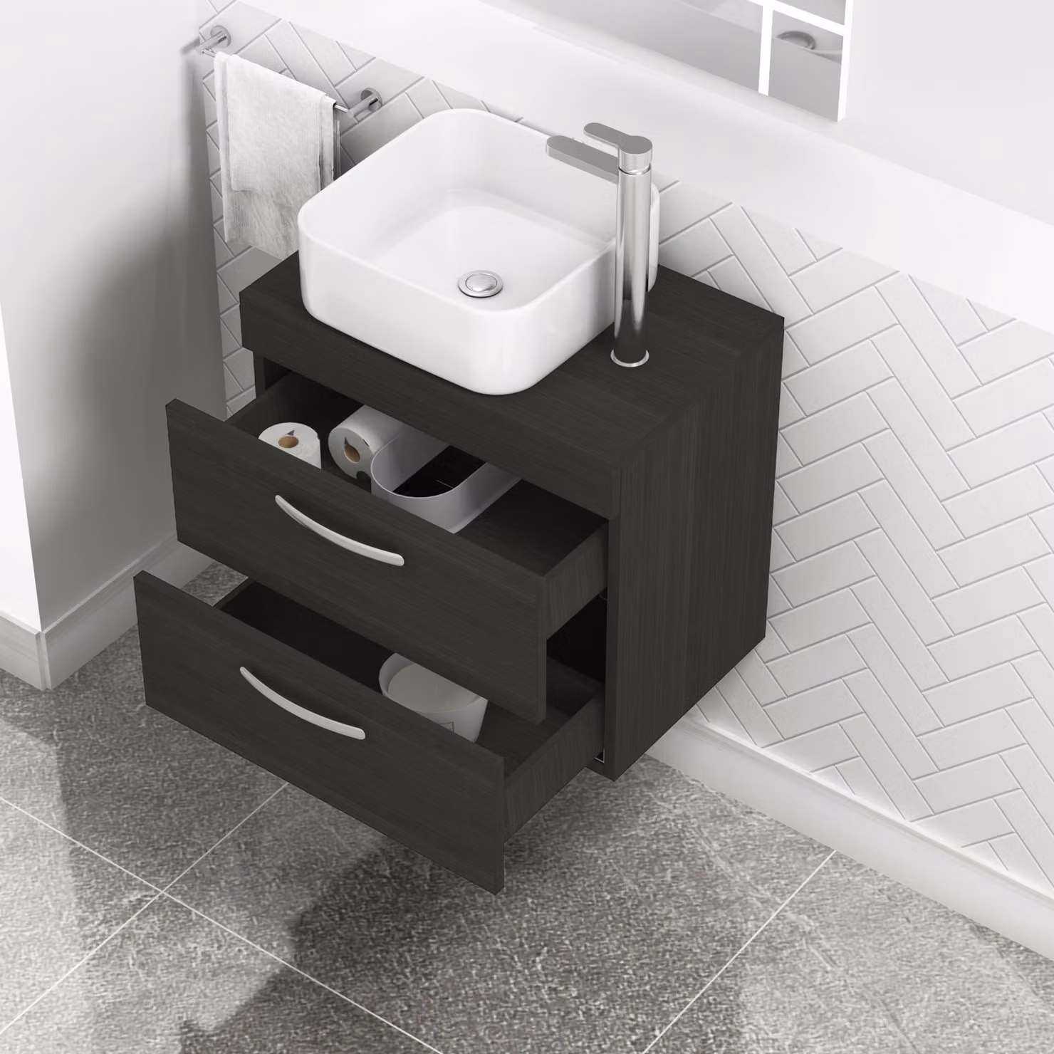 Royal Bathrooms Hale 2-Drawer Wall Hung Vanity Unit and Elena Countertop Basin in Matt Black