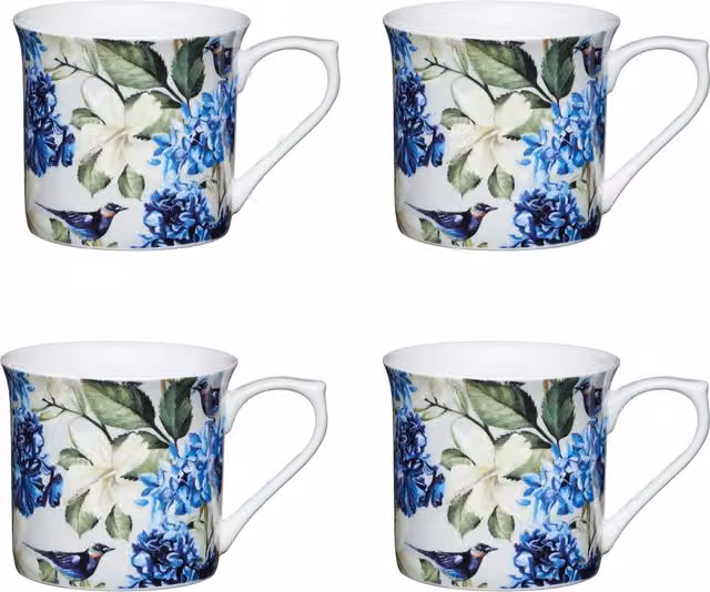 KitchenCraft Set of 4 Blue Floral Ceramic Stoneware Mugs