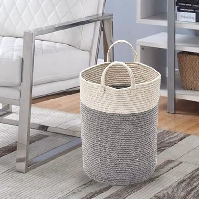 Livingandhome Woven Clothes Hamper Laundry Basket with Pom Pom on Wheels, Grey, Diameter: 50 cm