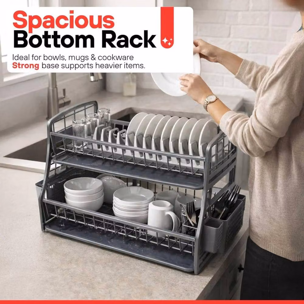 KORVIXA 2 Tier Dish Drainer Rack Kitchen Organiser with Cutlery Holder, Grey, W/D/H: 44 x 33 x 30 cm – 2