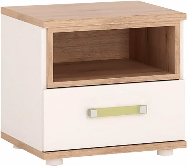 Furniture To Go 4KIDS 1 Drawer Bedside Cabinet in Light Oak and White High Gloss with Lemon Handles