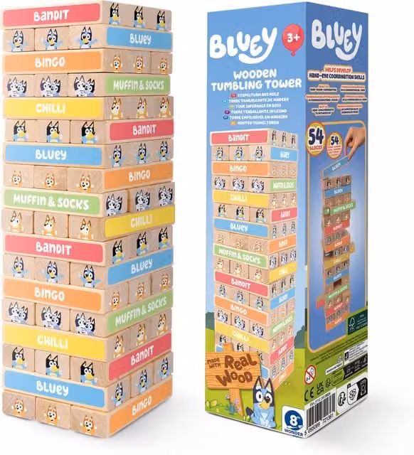 Bluey Tumbling Tower Stacking Game with 54 Multicolour Wooden Blocks