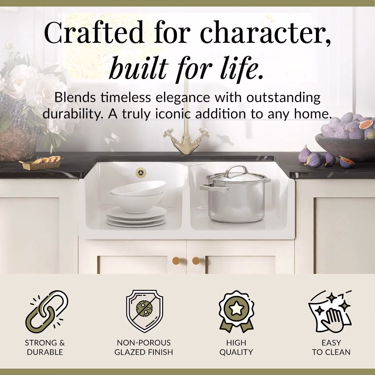 Balterley White Ceramic Double Bowl Butler Sink with Brushed Brass Crosshead Mixer Tap and Wastes, W: 79.5 cm – 2