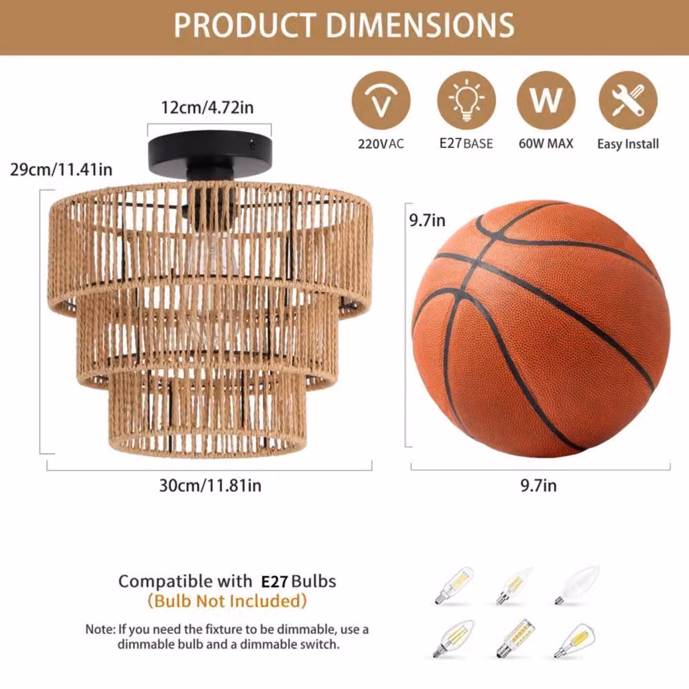 Garwarm Boho Geometric Rattan Pendant Light in Beige and Black – 3