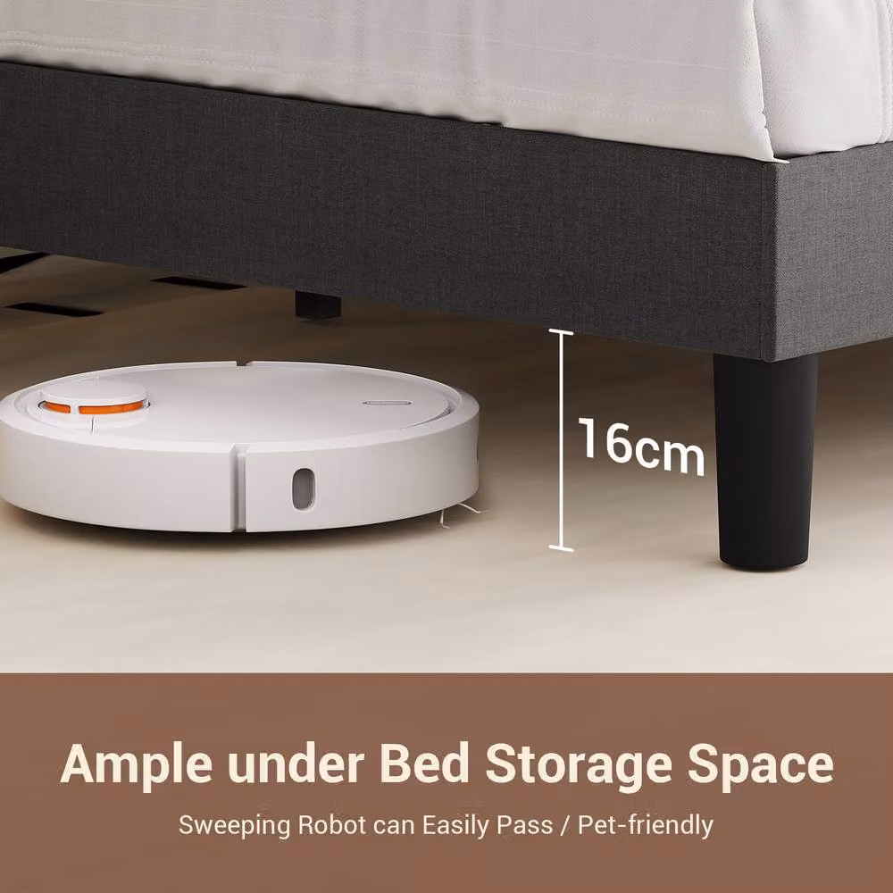 Dprodo Grey Linen Upholstered Bed Frame with Tufted Headboard, USB Charging Port and Bedside Shelf, W/D/H: 90 x 200 cm – 8