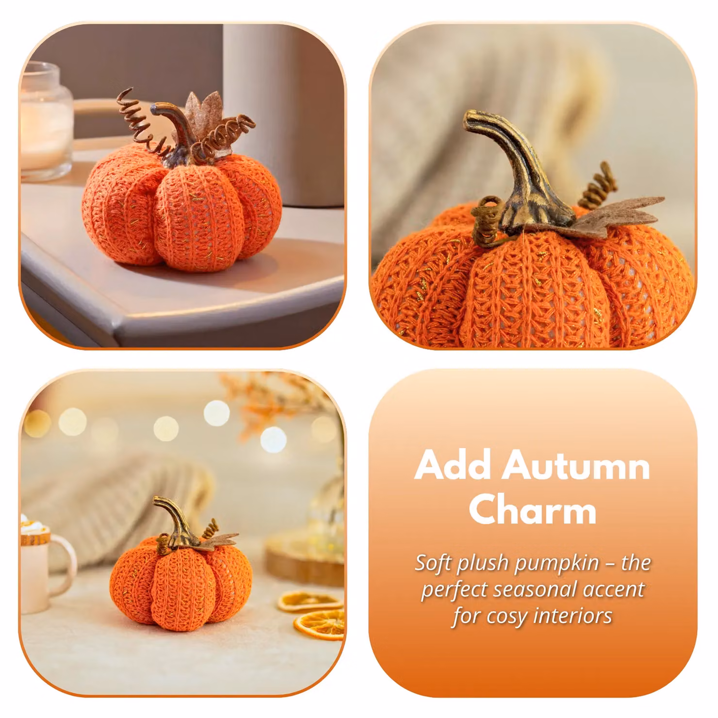 Marco Paul Orange Plush Pumpkin Autumn and Halloween Tabletop Decoration, 13 cm – 4