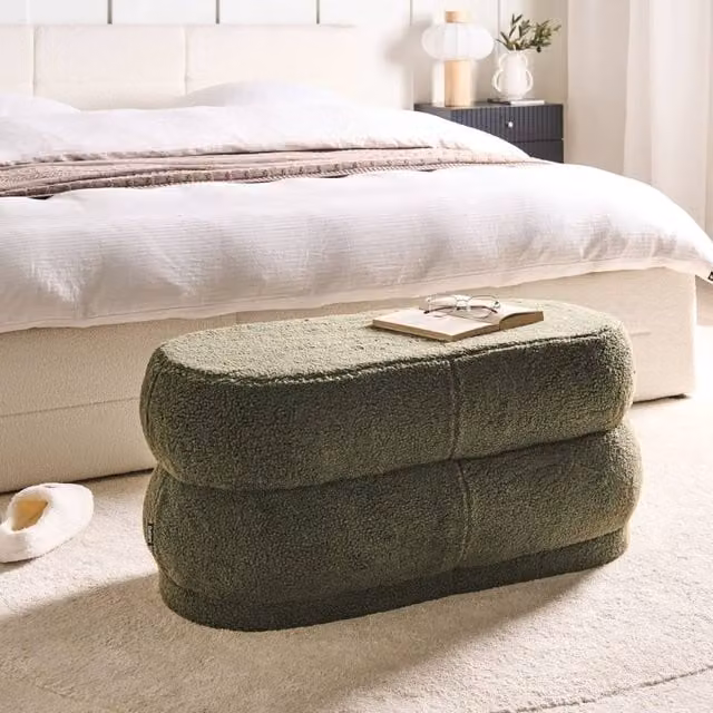 Wyld and Coco Green Bouclé Upholstered Bed Bench Stool with Rubberwood Legs – 1