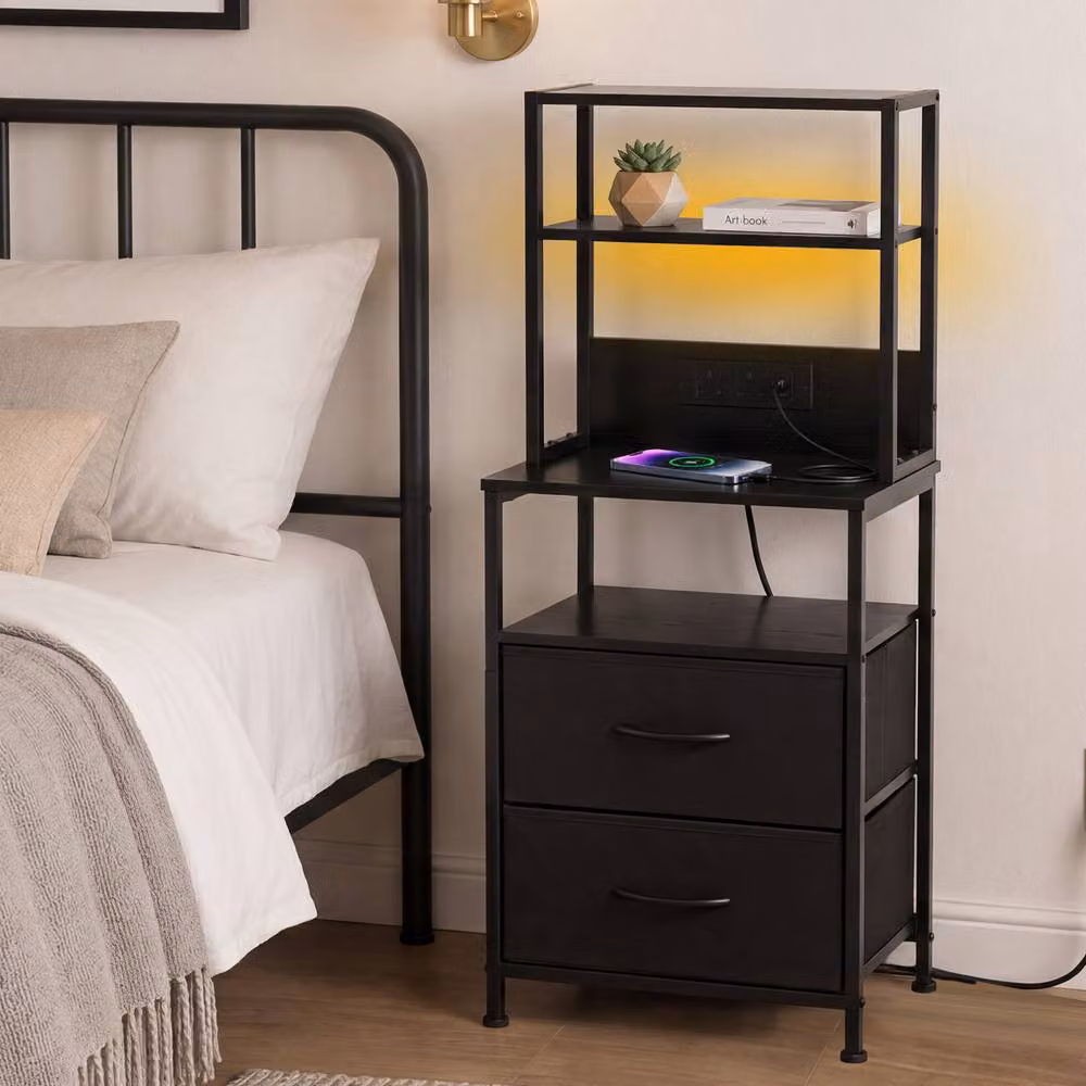 Levede Modern Black Bedside Table with Integrated LED Lighting and Charging Station – 3