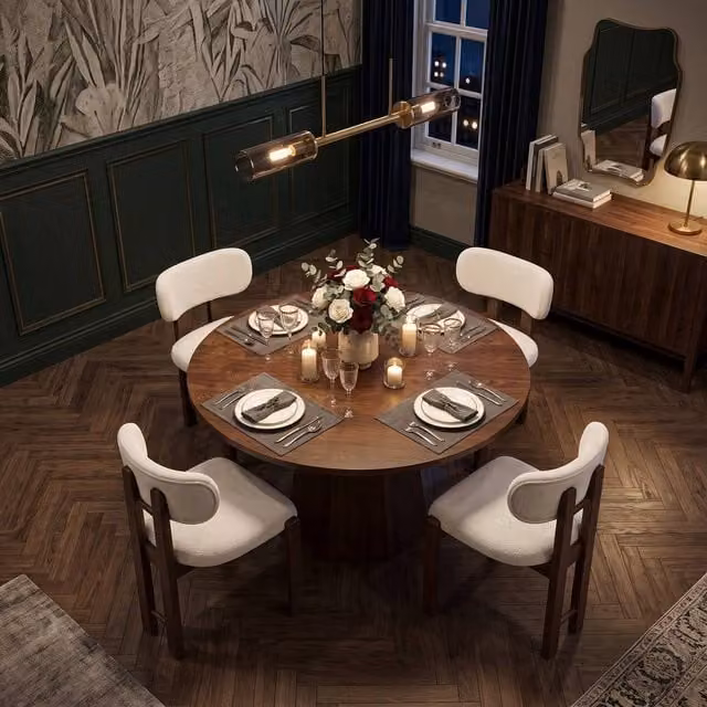 FENCHILIN Rustic Round Dining Table and 4 Boucle Chairs Set in Walnut Brown – 1
