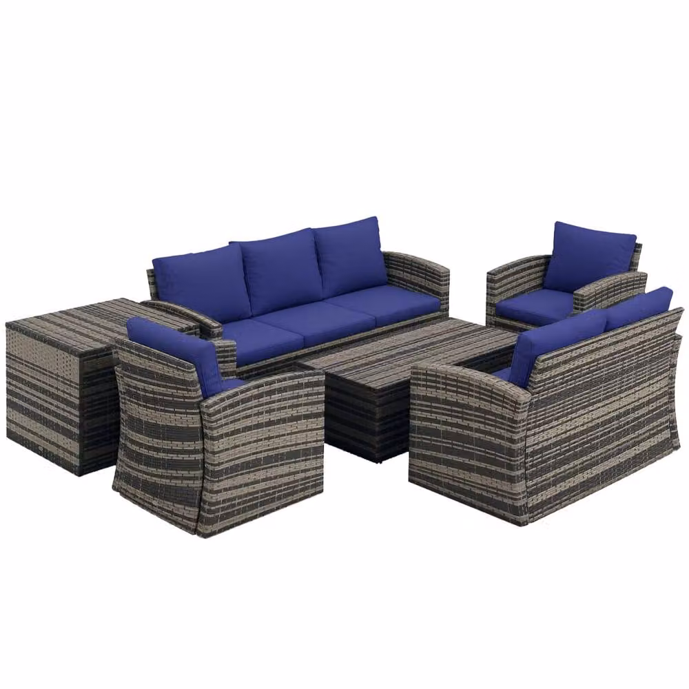 Wyld Haus Resuno 7 Seater Rattan Outdoor Sofa Set with Storage in Grey and Blue – 2