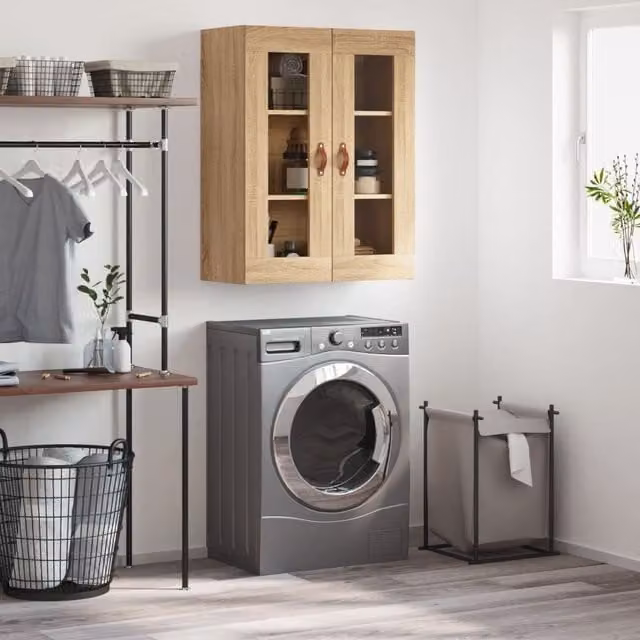 Berkfield Home Wall Mounted Sonoma Oak Cabinet in Brown with Glass Doors, W: 69.5 cm, D: 34 cm, H: 90 cm – 1